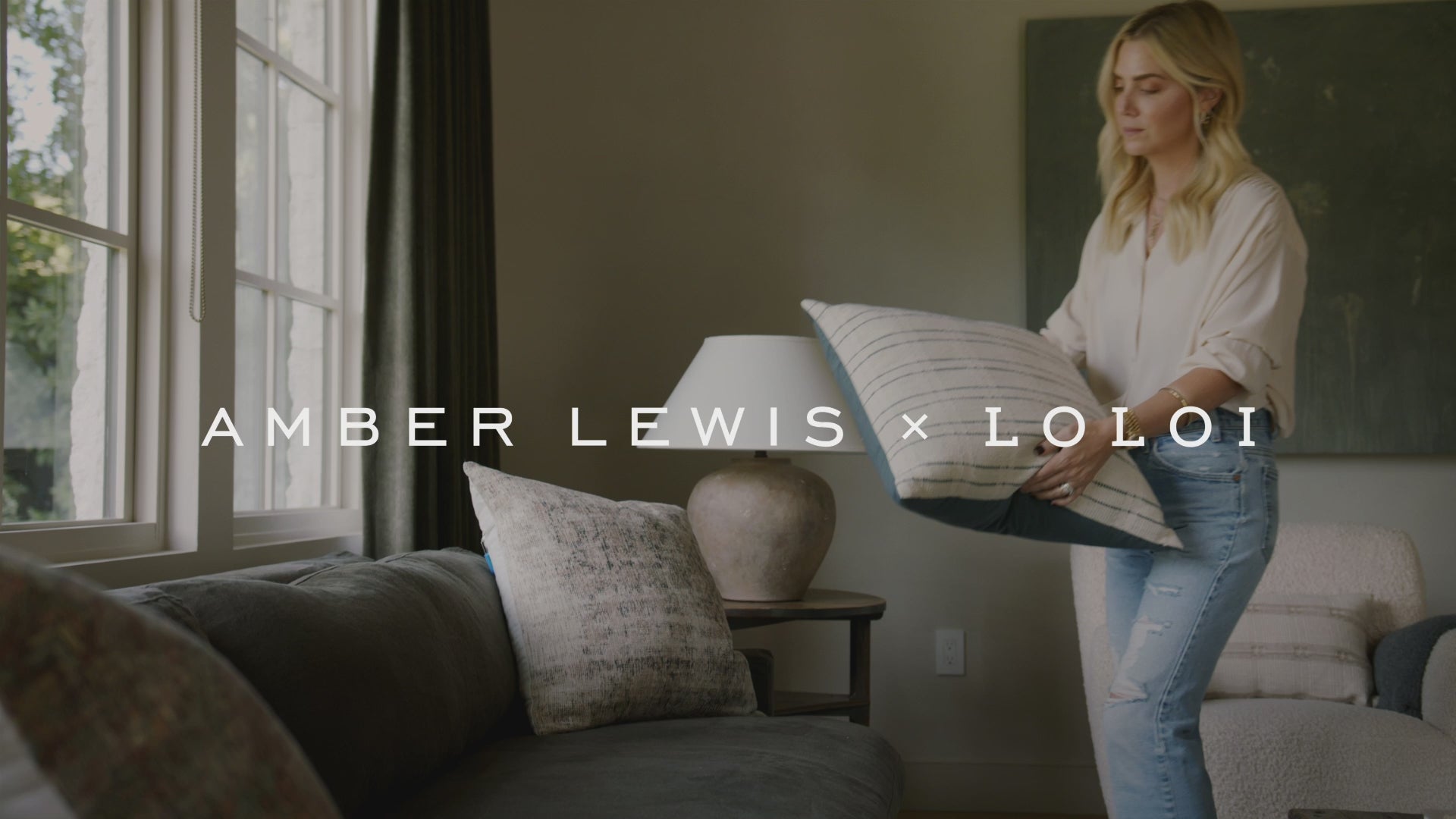 Load video: Amber Lewis x Loloi Seraphina Pillow - Ivory / Earth (PAL0037)